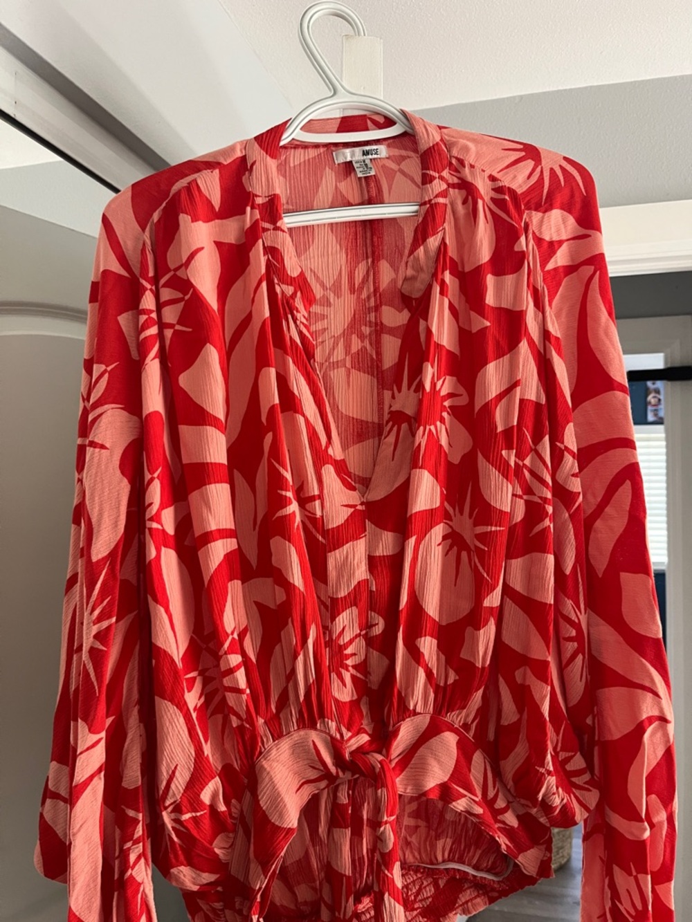 Amuse Red and Pink Floral Tie-Front Blouse